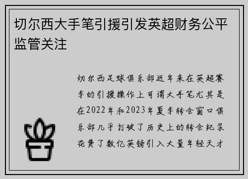 切尔西大手笔引援引发英超财务公平监管关注